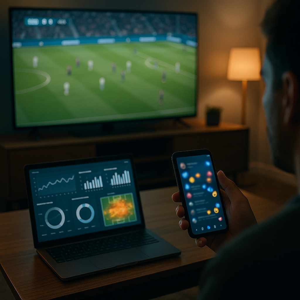 Modern match viewing with live broadcast, advanced stats, and social media reactions