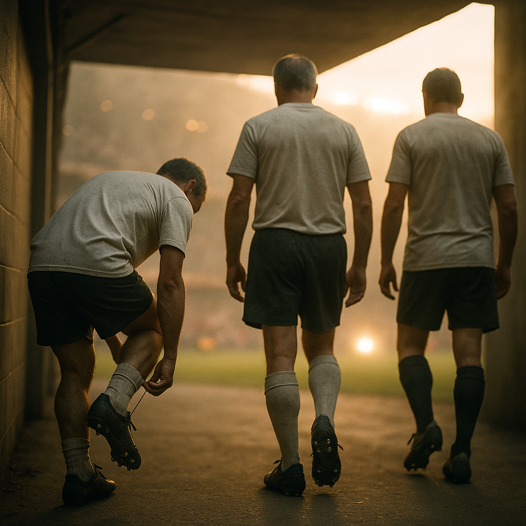 Veteran footballers walking to 2026 World Cup pitch, symbolic last tournament
